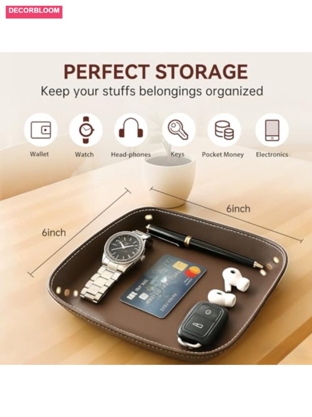 Genuine Leather Valet Tray Handmade Catchall Organizer for Desk Nightstand - Picture 5 of 6